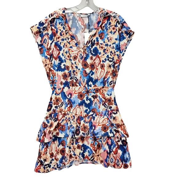 Zara Tiered Mini Dress Size Medium NWT Pullover Slit Sleeve V Neck - Picture 4 of 13